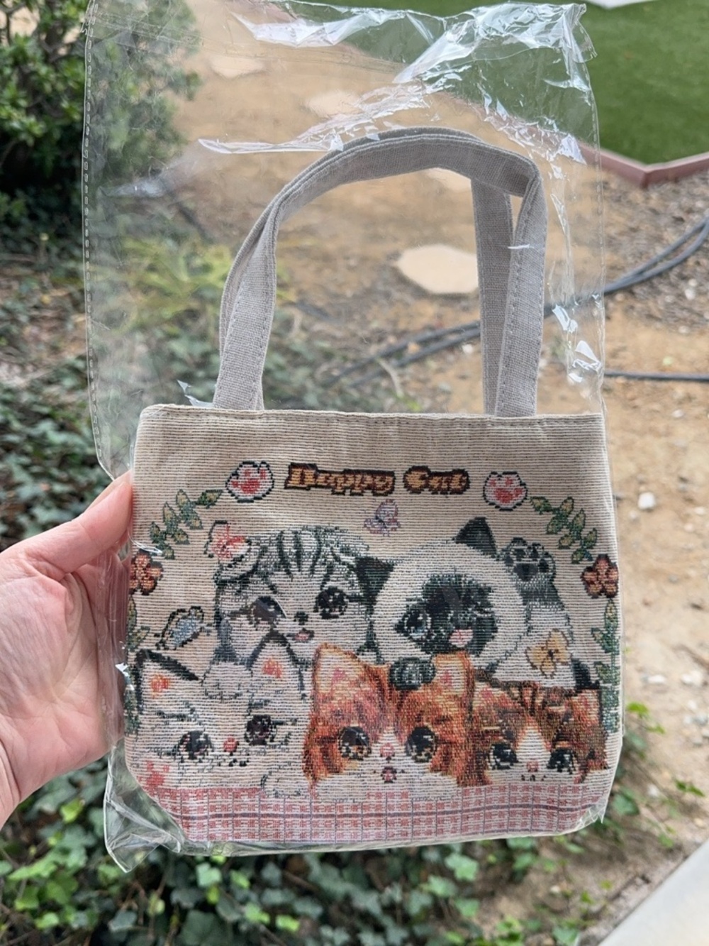 Happy cats stitches canvas tote bag